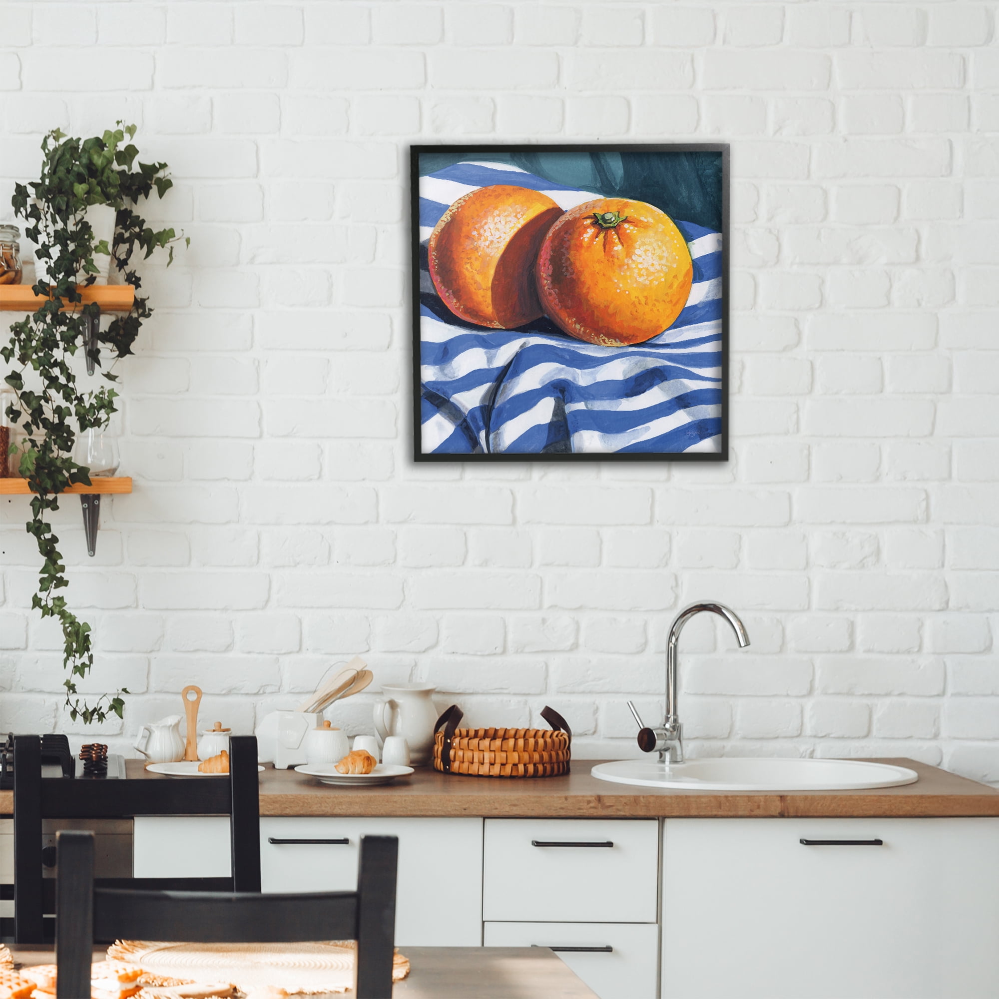 Stupell Industries Oranges On Striped Cloth Black Framed Giclee Art, design by Kate Jarvik Birch