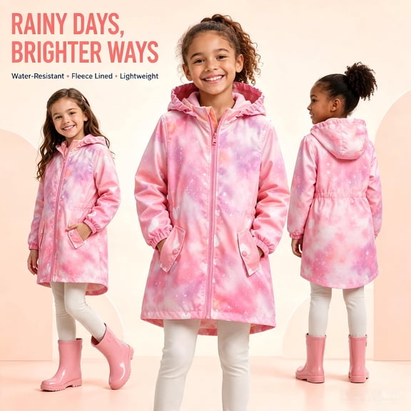 Jinhomg Girls Rain Jackets Waterproof Hooded Fleece Lined Raincoats Print Water-Resistant Lightweight Windbreakers for Kids 12 Years