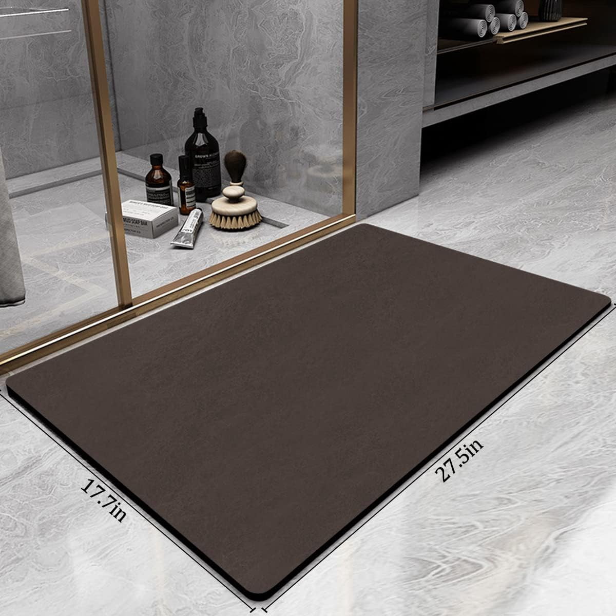 Thin Diatomaceous Earth Bath Mat,Non Slip Quick Dry Bath Mats for Bathroom,Super Absorbent Stone Bath Mat-Washable Shower Mat Bathroom Floor Mat (Brown,17.7"x27.5")