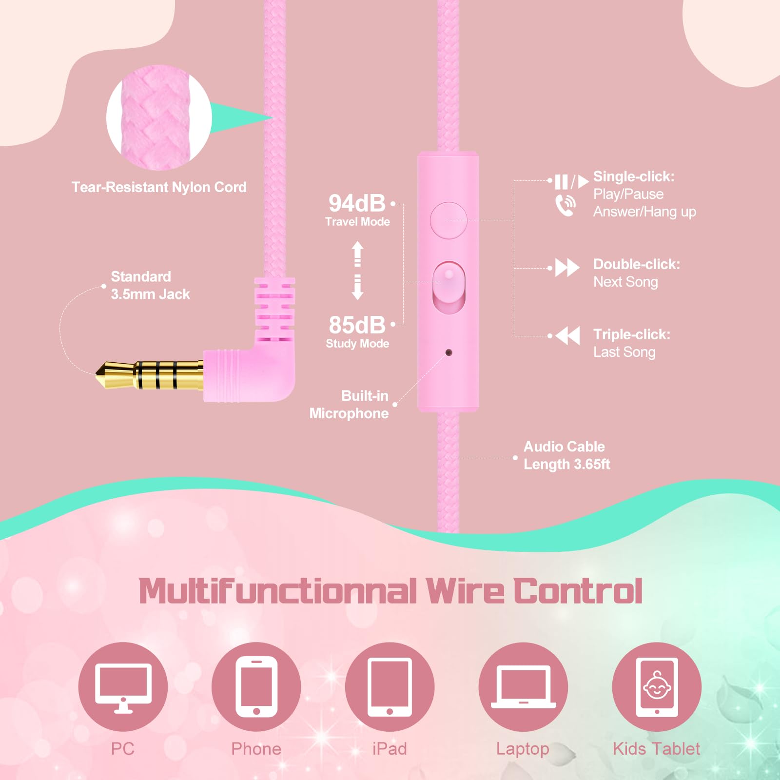 QearFun Kids Wired Headphones with Volume Limit, Pink photo 5