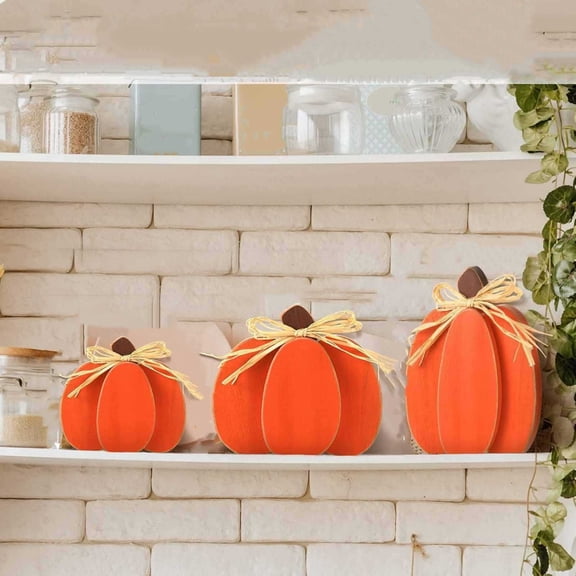 3 Pack Thanksgiving Rustic Wooden Pumpkin Tabletop Decor with Raffia Bow, Stacked Wood Pumpkin Block Sign, Fall Tiered Tray Centerpiece for Halloween Thanksgiving Harvest Home Decor