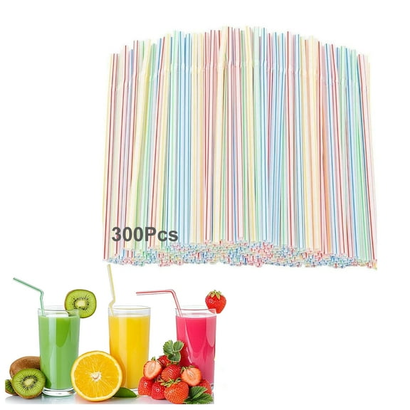 300Pcs Striped Flexible Drinking Straws, Multi Colored Plastic Disposable Bendy Straws for Home Use Milk Juice Drinks
