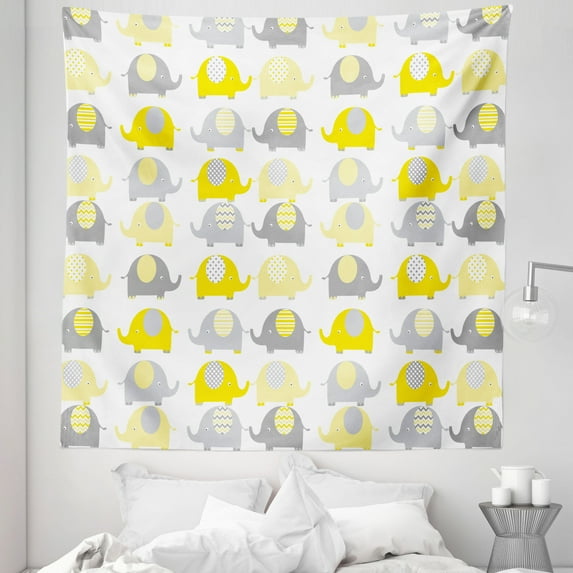 Cartoon Tapestry, Yellow and Grey Animals with Different Patterns Fauna, Fabric Wall Hanging Decor for Bedroom Living Room Dorm, 5 Sizes, Yellow Grey, by Ambesonne