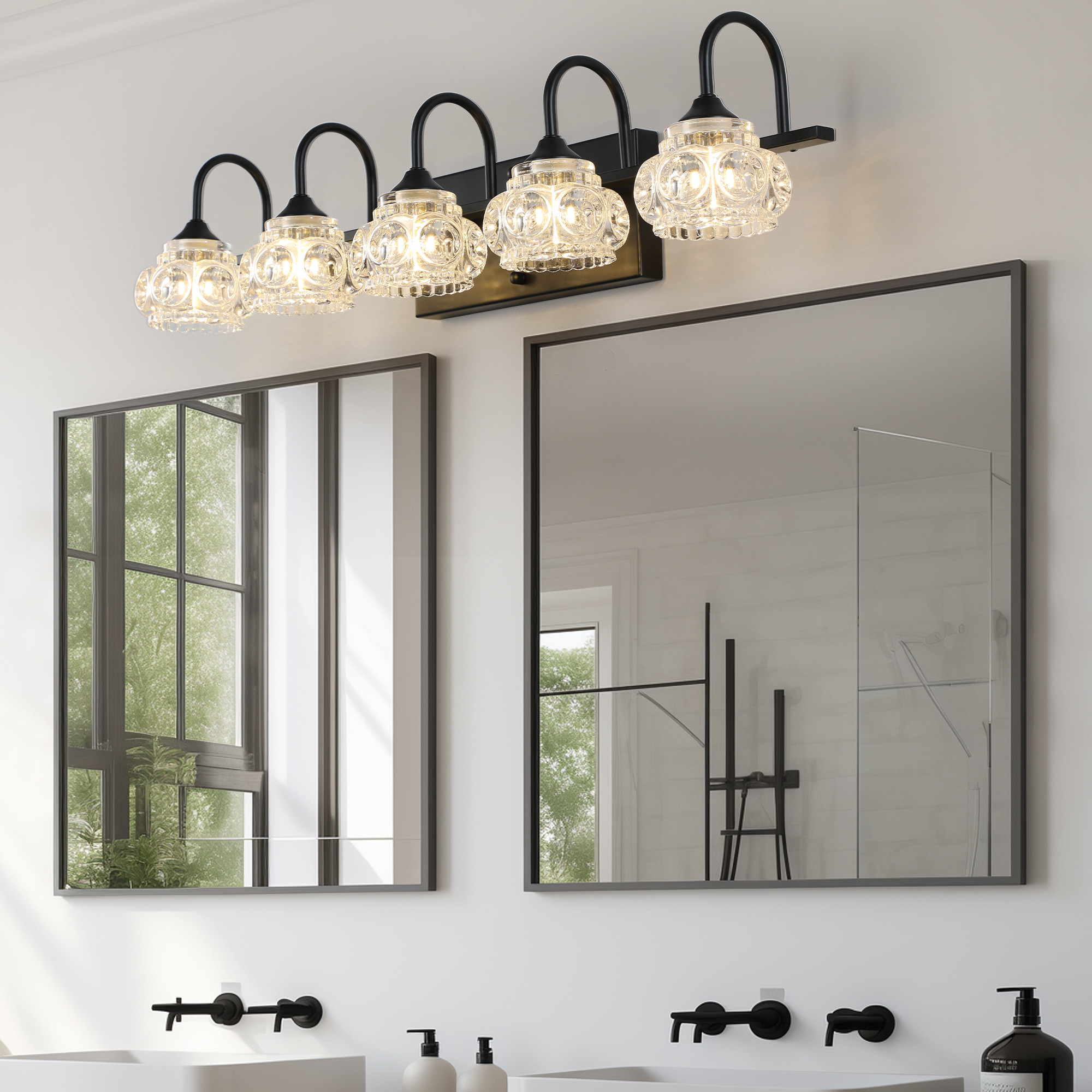 Jopath 29" Modern 5-Ligh Crystal Bathroom Vanity Light, Black Wall Sconce with Clear Glass Shade, Elegant Wall Mount Lighting for Bathroom, Powder Room, or Vanity Mirror (No Bulbs)