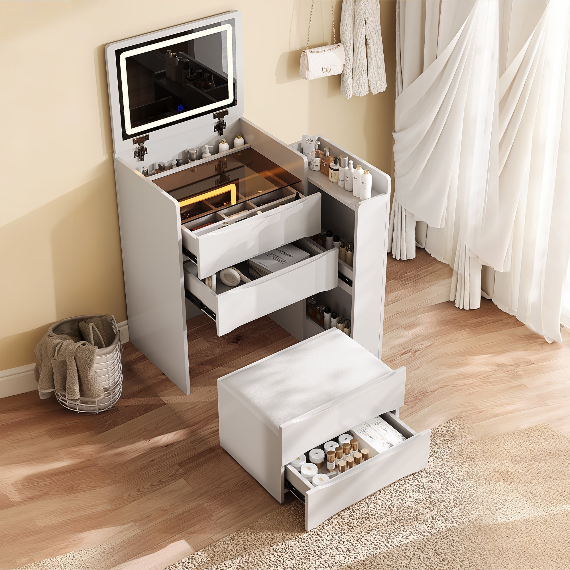 3-in-1 Flip Mirror Vanity Desk with Lights & Storage, Makeup Dressing Table with Adjustable LED, Side Sliding Tray and Stool, Space-Saving Furniture for Bedroom(White)