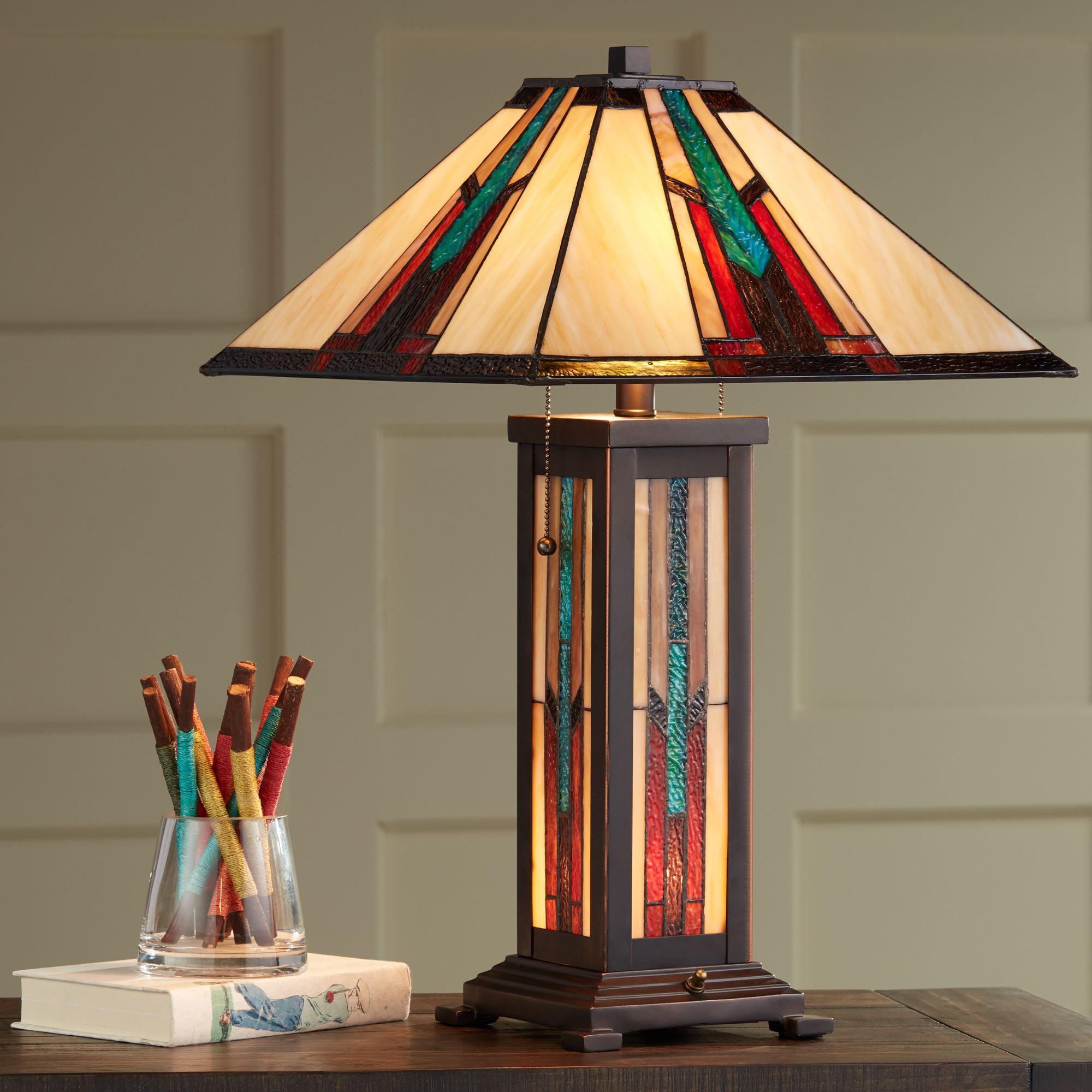 Robert Louis Tiffany Mission Table Lamp with Nightlight 25" High Bronze Stained Glass for Living Room Family Bedroom Bedside Nightstand