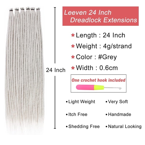 WEIF-20 Strands Thin Dreadlock Extensions 24 Inch Grey Soft Crochet SE Dreads Reggae Style Synthetic Braiding Hair 0.6 cm Width Loc Extensions for Women Men