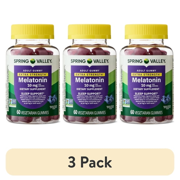 (3 pack) Spring Valley Non GMO Melatonin Sleep Support Dietary Supplement Gummies, Blueberry, 10 mg, 60 Count