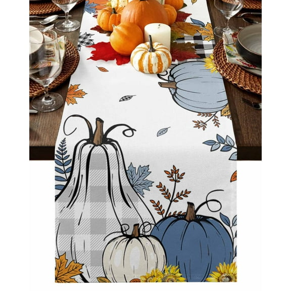 Happy Fall Pumpkin Floral Botanical Table Runner-36 Inch Long Thanksgiving Autumn Harvest Table Runners Linen Burlap Tablerunner for Kitchen Dining Room Holiday Party