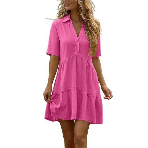 Kilaqueen Womens Cotton Linen Dresses Summer Casual Lapel V Neck Button Front Short Sleeve Tiered Mini Dress Lightweight Loose Fit Trendy Knee Length Shirt Dresses