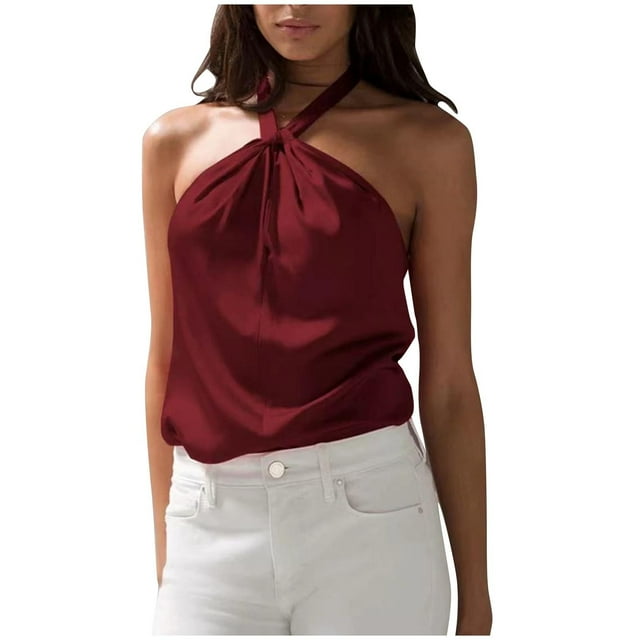 Timegard Womens Tank Tops Satin Keyhole Neck Tie Backless Sleeveless Solid Color Layer Dressy Casual Tops