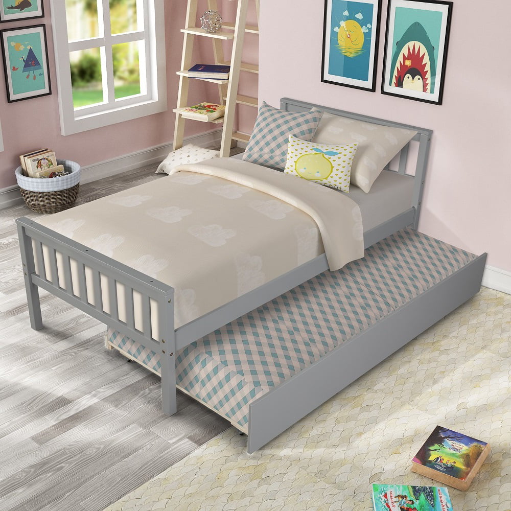 Details about   Gray Twin Size Bed Frame Wooden Bed Platform w/Trundle and headboard Footboard 