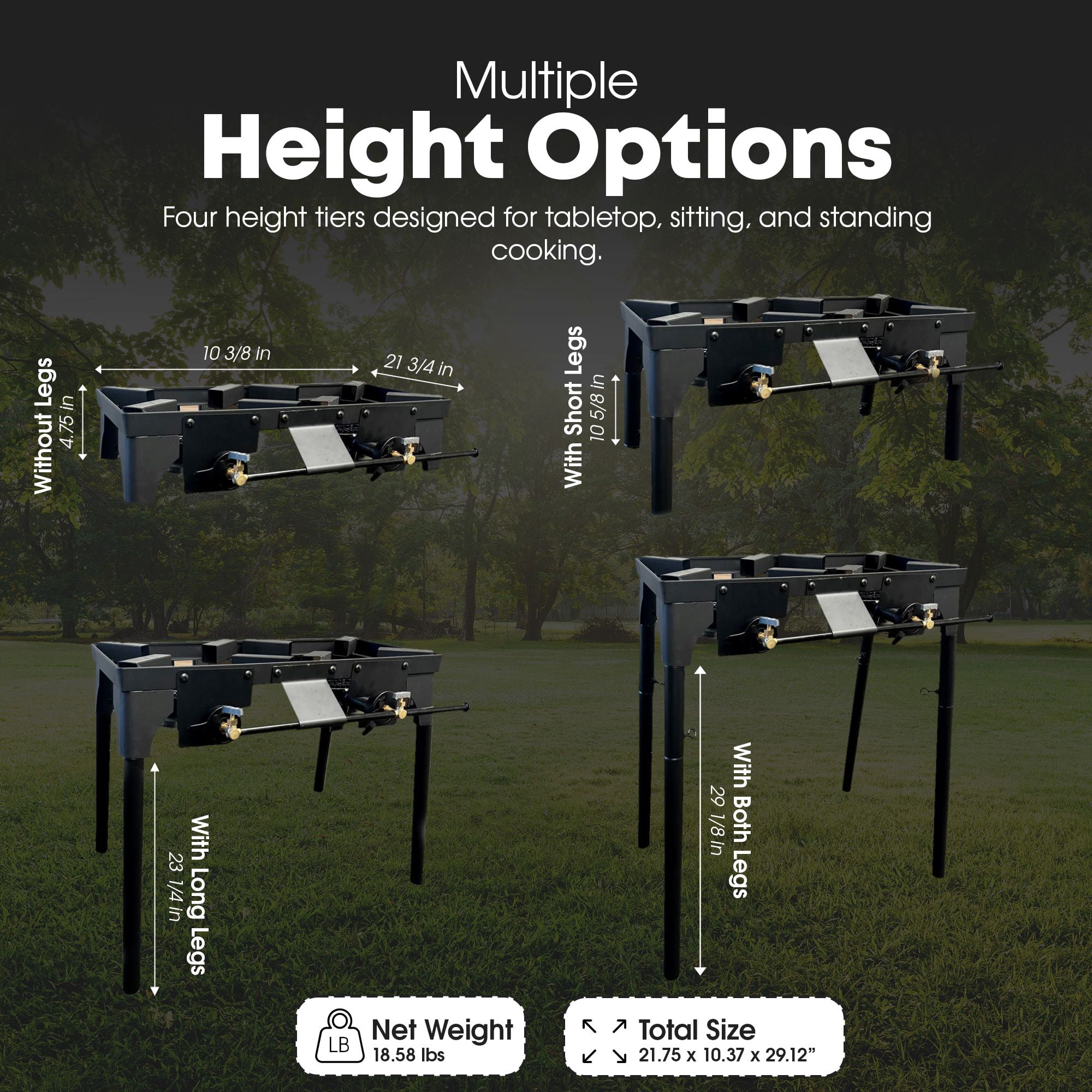 GasOne Double Propane Burner with Adjustable Height 4-Tier Removable Legs for Outdoor Cooking – High Pressure PSI Regulator Camping Accessories Camp Stove – Cast Iron Portable Stove Top