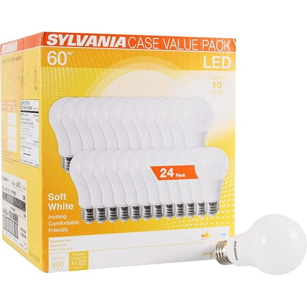 SYLVANIA LED A19 Light Bulb, 60W Equivalent, Efficient 8.5W, 10 Year, 2700K, 800 Lumens, Frosted, Soft White - 24 Pack (74765), Packaging may vary.