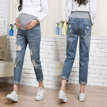 Outtop Pregnant women during pregnancy and lactation loose broken belly support jeans nine-point trousers blue (hot