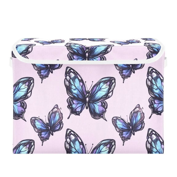 Blue Butterflies on Pink Large Storage Bins with Linen Collapsible Lid Storage Box 16.7 x 12.6 x 11.8in