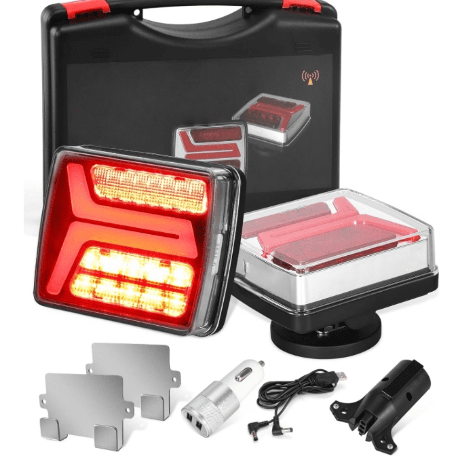 LED Wireless Trailer Lights Kit Magnetic Towing Tail Lights 58LED Universal Stop Turn Running Light with License Plate Light Dual USB Cable Charges for Trailers IP67 10-30V
