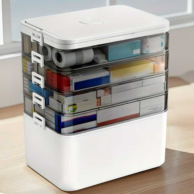 Boîte de Rangement pour Médicaments Grande Capacité avec Poignées Faciles à Saisir - Organisateur de Pilules en Plastique Durable à Plusieurs Couches pour Usage Domestique, Voyage et Bureau - Solution de Rangement Sécurisée et Peu Encombrante