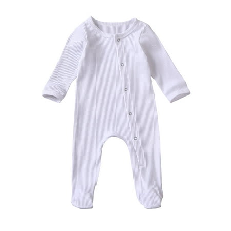 

Calsunbaby Infant Baby Boy Girl Romper Newborn Solid Color Long Sleeve Round Neck Ribbed Side Snap Buttons One-Piece Jumpsuit