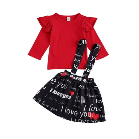 

yongy Baby Girls Fly Sleeve Round Neck Pullover+Letter Print Suspender Skirt