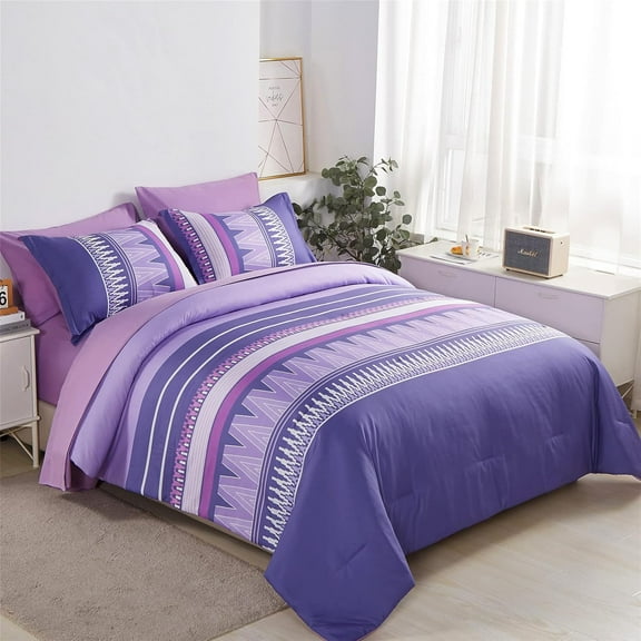 Davulos Queen Comforter Set ,7 Pieces Bed in a Bag Purple Stripes Geometric Bedding Set All Season Boho Bed Set for Women Men Teens Bedroom Decorations