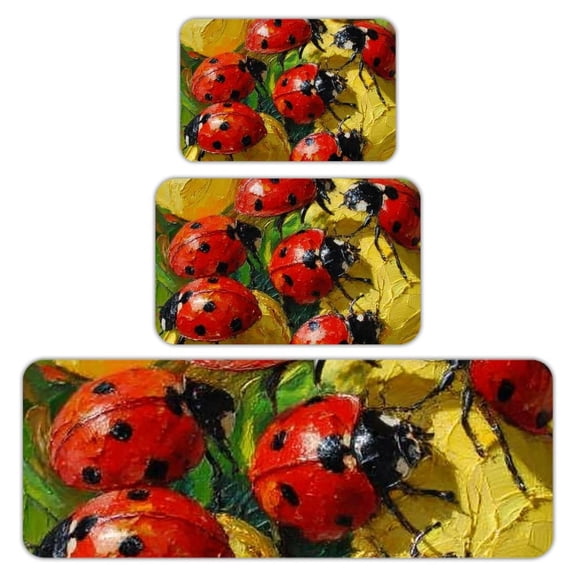 RKSupls Kitchen Rug Set 3 Piece Anti-Slip Flannel Floor Mats, Ladybugs Yellow Flowers Washable Absorbent Runner Mats for Kitchen Bathroom Home Decor