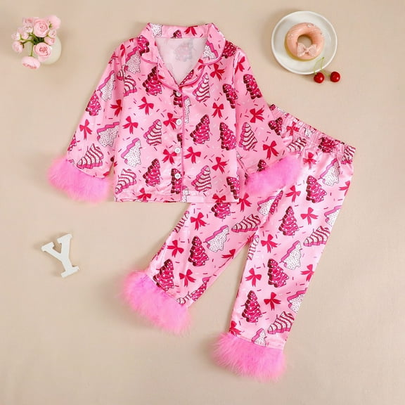 Print Flannel Pajama For Girls Festive Holiday Sleepwear With Trim Cozy Two Piece Outfit 9-10Years