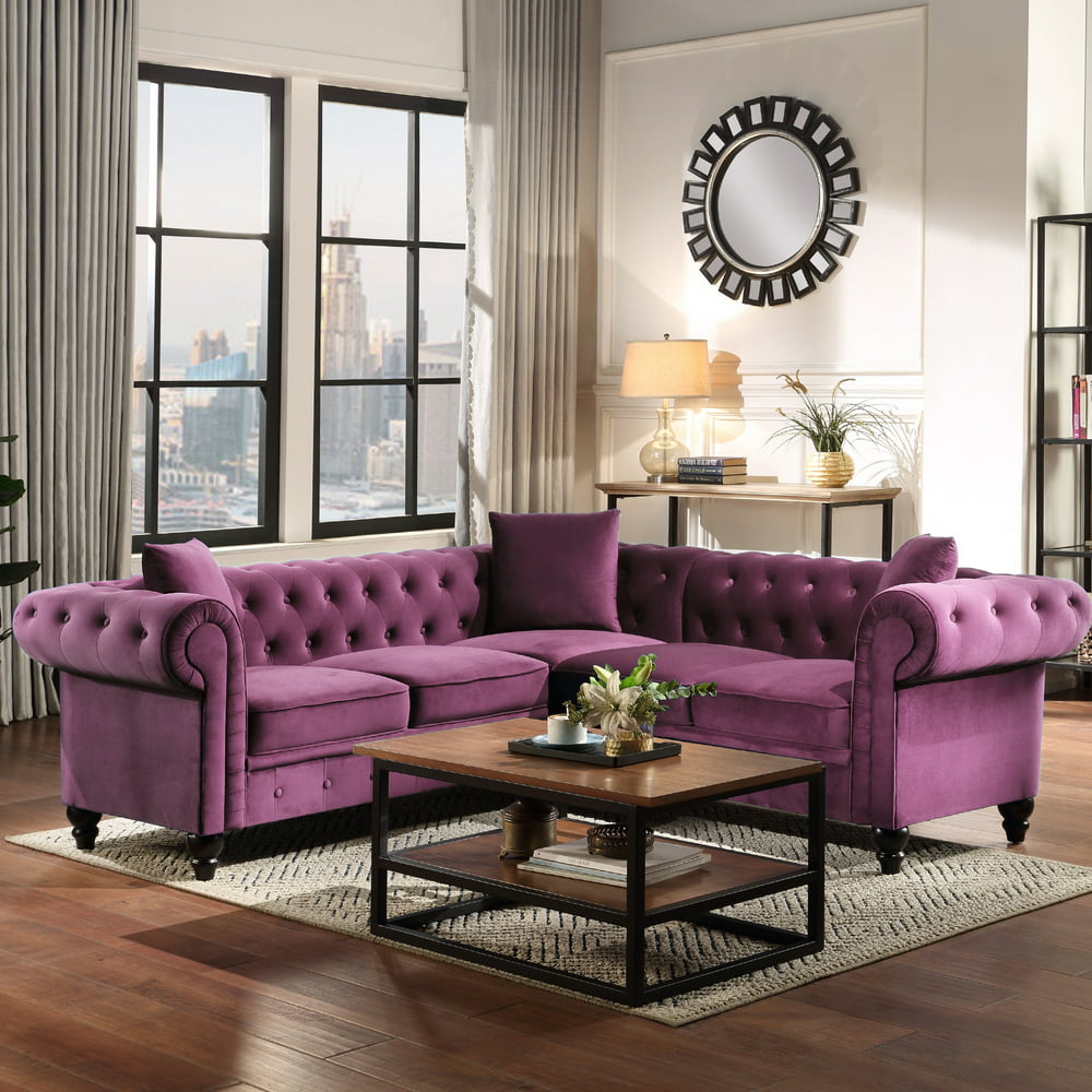 High-End Living Room Chesterfield Sofa, 80'' Classic Velvet Rolled Arm