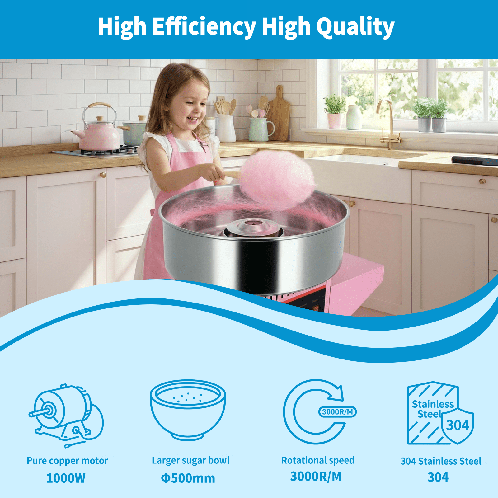 1000W 3000R/M Mobile Rolling Candy Floss Maker Electric Cotton Candy Machine Cart with Cover Stainless Steel Bowl Sugar Scoop and Drawer Commercial Floss Maker for Home Carnival