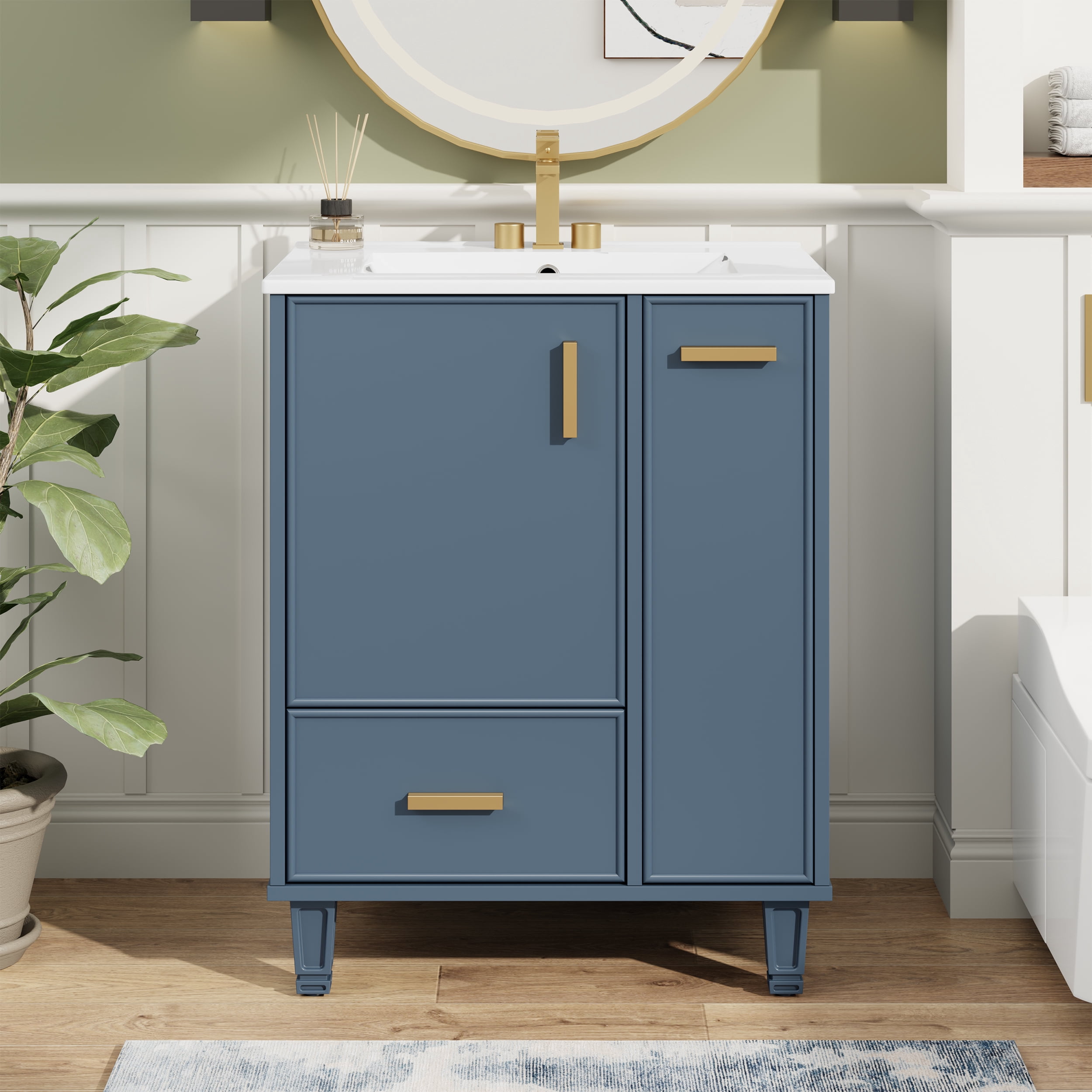 24" Bathroom Vanity with Sink, Modern Bathroom Cabinet with Deep Drawer, 2-Tier Pull-Out Basket, Soft-Close Door, Solid Wood Frame, for Small Bathroom, Powder Room, Grey