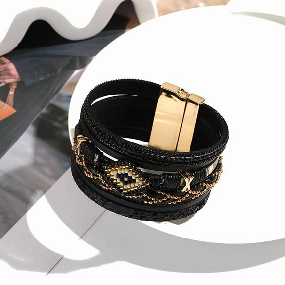 1 pc Imitation Leather Crod Multi-strand Bracelet Bohemia Bracelets for Women Rhombus Glass Seed Beads Bracelet Bohemia Bracelets with Magnetic Clasps Black 7-5/8 inch(19.5cm)