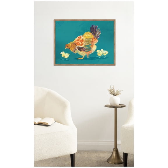 Kate and Laurel Framed Canvas Wall Art Print Mother Hen by Lucia Gianello, 24 x 18 Sylvie Beaded Rustic Natural Frame, Whimsical, Animal Art for Wall Decor
