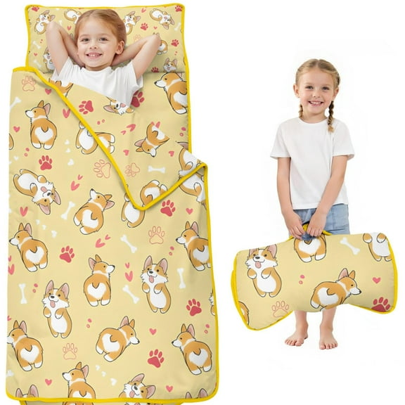 Corgi Dog and Footprints Toddler Nap Mats for Kids Preschool,Sleeping Mat Bag or Kids,Toddler Sleeping Bag,Toddler Nap Mat or Daycare