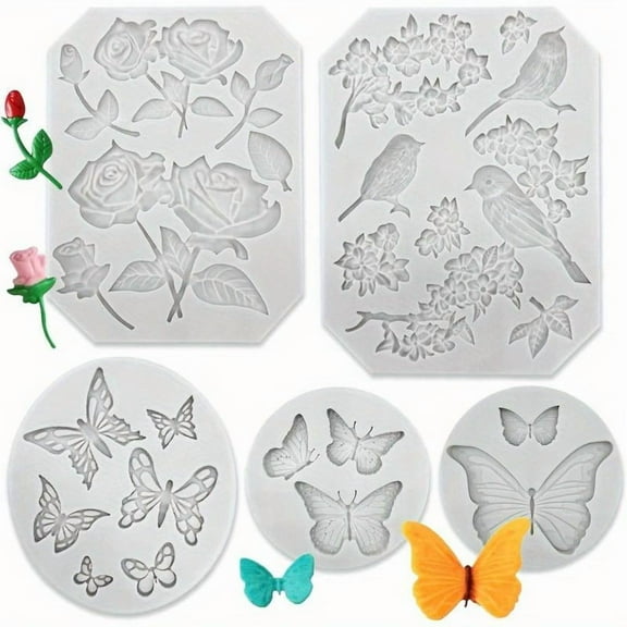 5PCS Frosting Molds Small Flower Molds Butterfly Molds Rose Clay Molds Polymer Clay Molds Non Stick Silicone Molds Used For Cake Decoration Butterfly Roses Kitchen Accessories Baking Tools