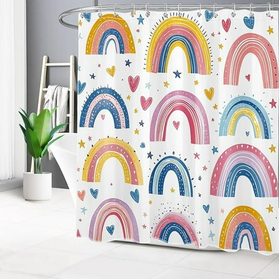 Boho Pink Rainbow Shower Curtain Colorful Abstract Geometric Rainbow And Heart On White Fabric Shower Curtain With Hooks Modern Minimalist Bathroom Shower Curtain Sets 48"W x 72"L