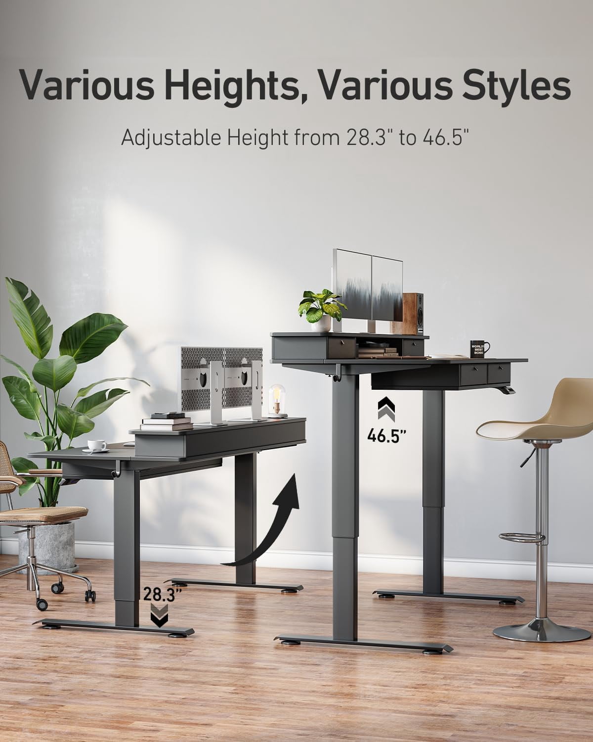 DESINO 48 x 24 Inch Height Adjustable Electric Standing Desk with Drawers, Stand Up Table with Large Storage Shelf, Sit Stand Desk for Home Office, Black