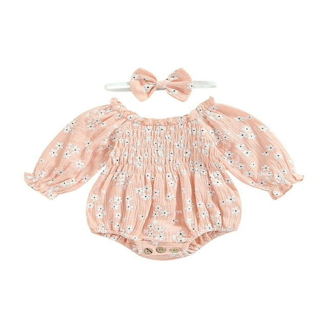 Infant Baby Girl Floral Long Sleeve Romper Headband Outfits Off Shoulder Ruffles Bodysuit Autumn Clothes