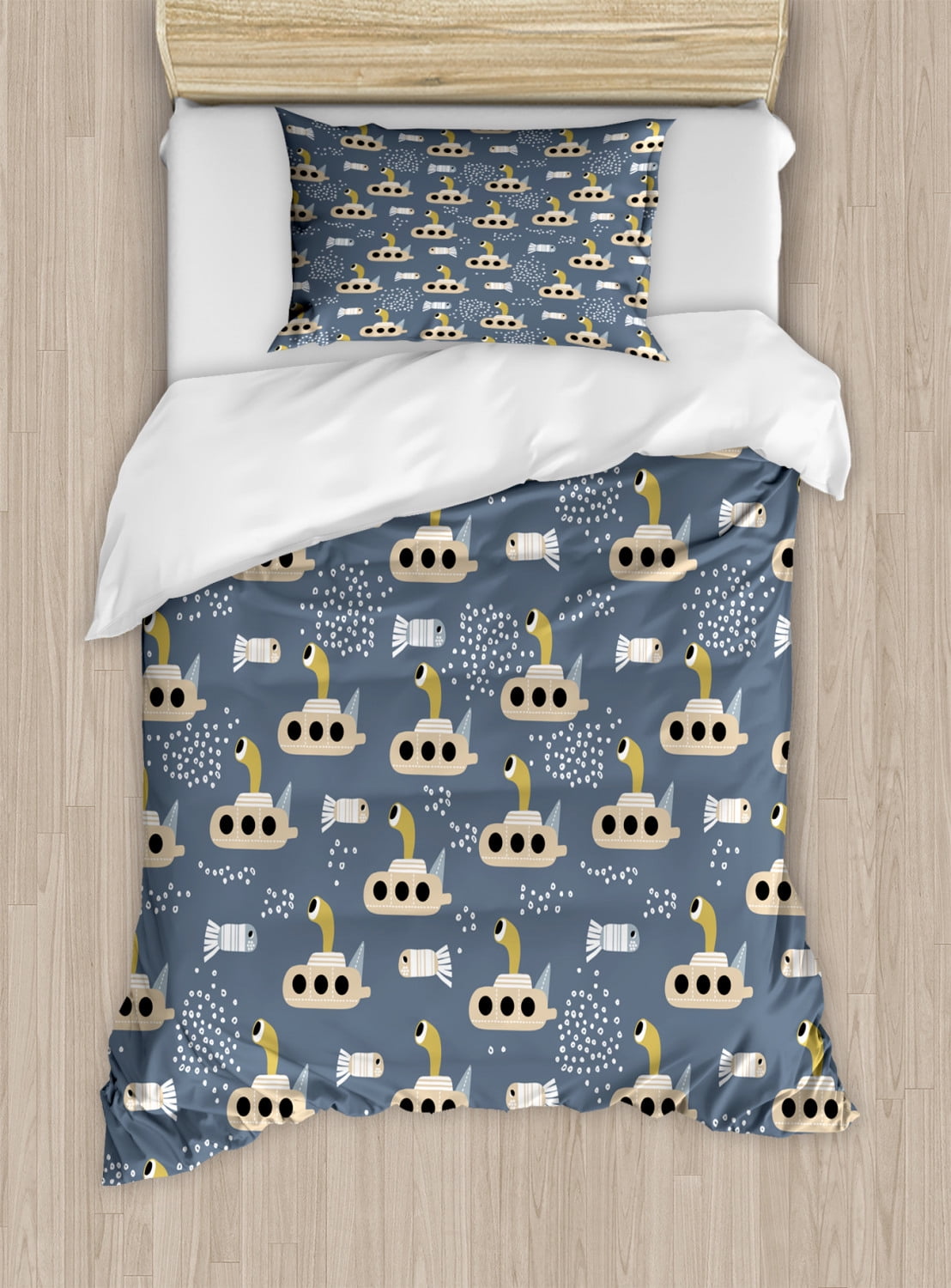 Kids Boys Twin Size Duvet Cover Set, Cartoon Style Submarines Fringe Tailed Finless One-Eyed Fishes, Decorative 2 Piece Bedding Set with 1 Pillow Sham, Slate Blue Beige Pale Coffee, by Ambesonne