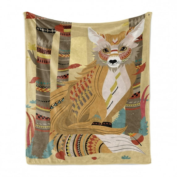 Fox Soft Flannel Fleece Throw Blanket, Animal Theme a Fluffy Wild Fox in the Forest and Tree Trunks Design Pattern Print, Cozy Plush for Indoor and Outdoor Use, 70" x 90", Pale Coffee, by Ambesonne