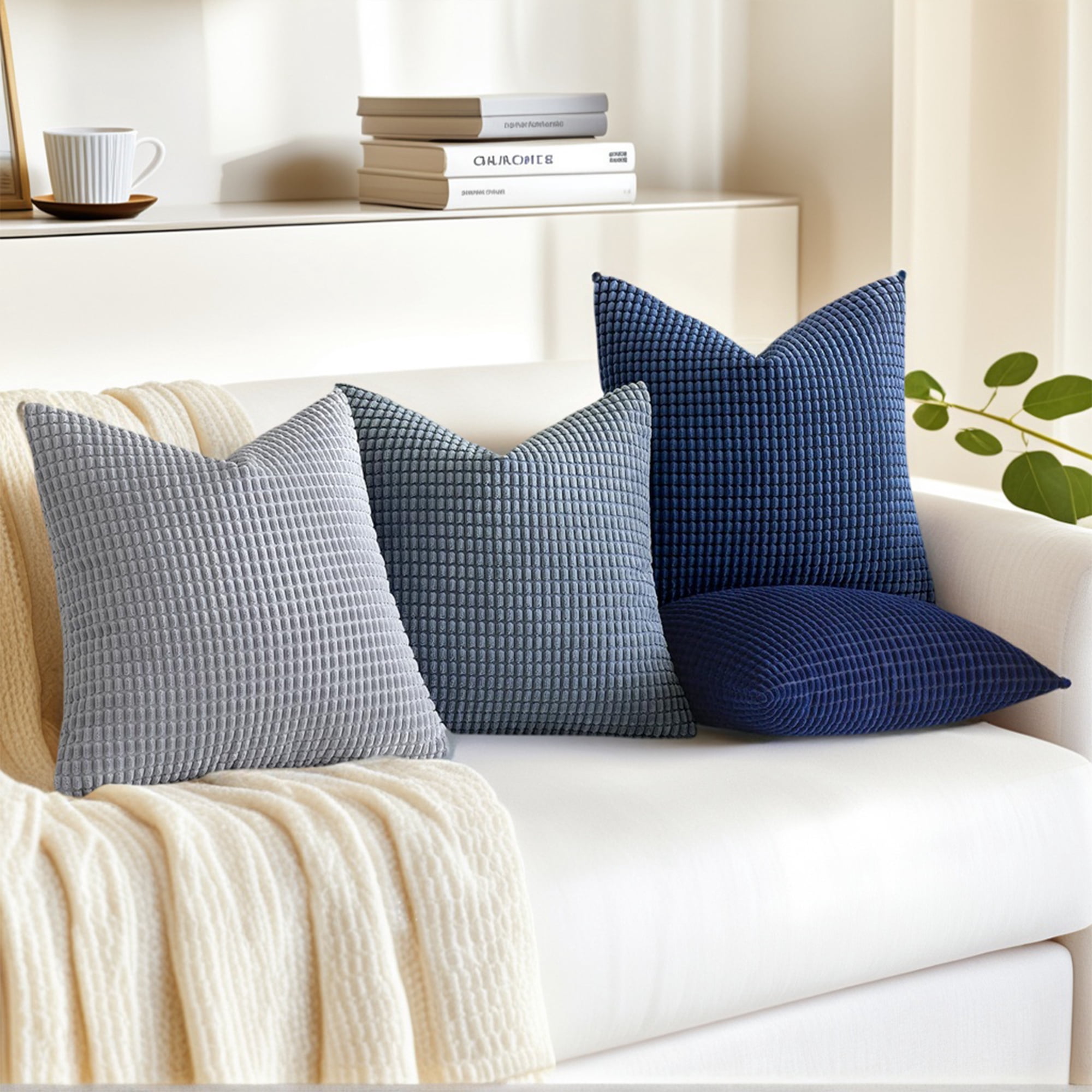 Unique Bargains 2 Pcs Corduroy Classical Soft Solid Pillow Cover Blue 18" x 18"