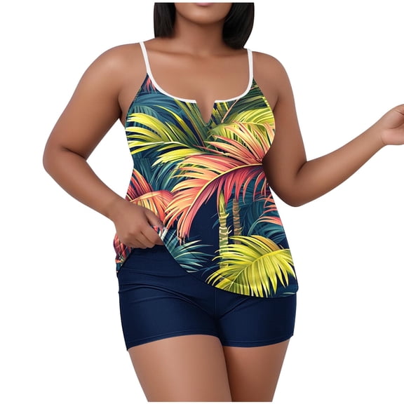 CLOISE Swimwear Tankini for Women Plus Size 2 Piece Bathing Suit with Boy Shorts Built in Bra Full Coverage Flowers Swimsuits Hawaiian Beachwear