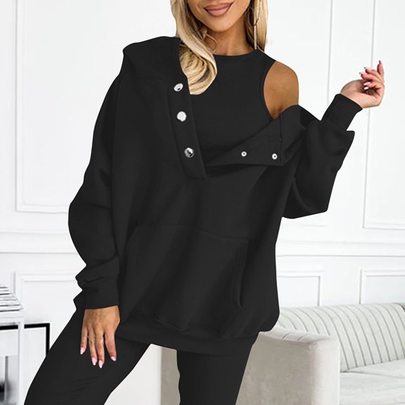 Crunowin Women's Vest Sweatshirts Suits, Solid Color Button Long Sleeve Oversize Fit Casual Fashion Pullovers 2 Piece Black L