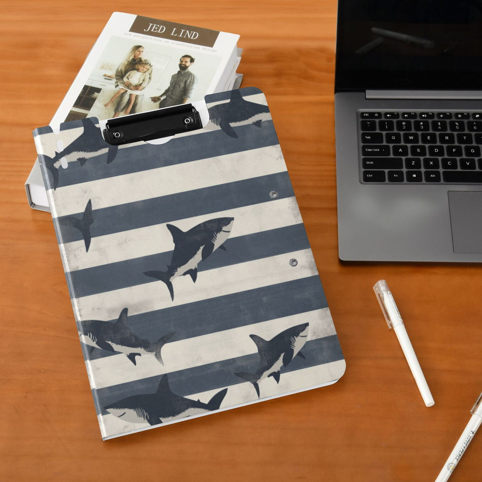FORMRS A4 Clipboard Folder with Pen Holder Horizontal Foldable School Office Binder, Dark Sharks