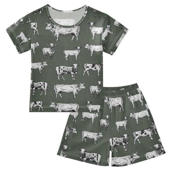 joogoo Vintage Cows Pattern Pajama Sets Short Sleeve Cotton 2-Piece Sleepwear 10Y