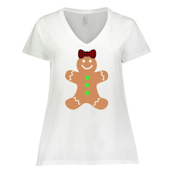 Inktastic Cute Gingerbread Girl with Red Plaid Bow Women's Plus Size V-Neck T-Shirt