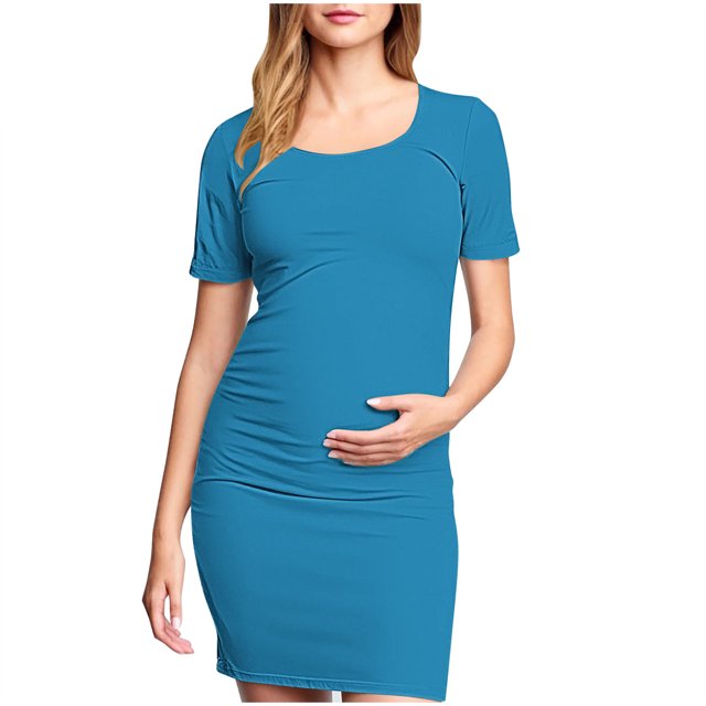 yoeyez Liquidation de Vêtements de Maternité Robe Grande Taille Femme Manches Courtes Col Rond Robe Simple Shower de Bébé Tenue Quotidienne Robe Soleil Robe Moulante Froncée Midi Robes Ajustées Bleu Ciel,TG