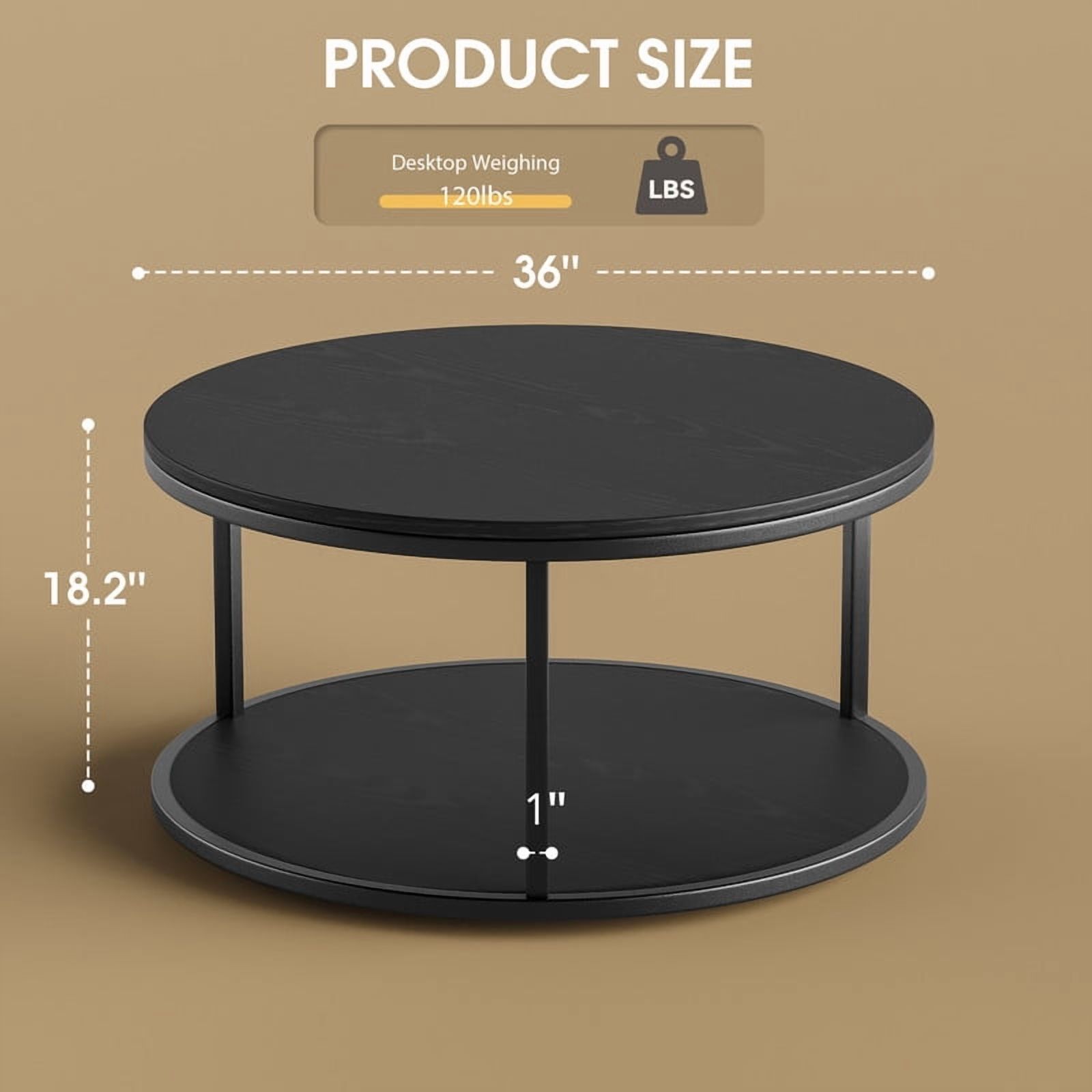 Homall Round Farmhouse Coffee Table with Storage 2 Level Wooden Center Table For Living Room,Black