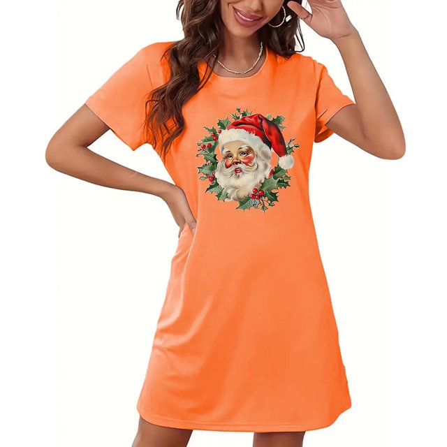 Sakmal Chemises de Nuit Ultra Douces Femmes Orange Noël Mignon Grande Taille Robe de Pyjama Imprimé Père Noël Manches Courtes Col Rond Chemises de Nuit P-2TG
