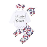 Newborn Baby Girl Long Sleeve Letter Printed Jumpsuit Tops+Flower Pant+Headband+Hat Casual Set