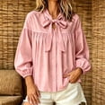 thumbnail image 5 of Ayolanni Ruched 2026 Spring Outfits 3/4 Sleeve Scoop Neck Cotton Linen Solid Blouse Button Down Tie Front Puff Ladies T-Shirt Tops for Women 2026 Pink S, 5 of 6